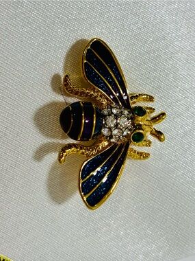 Gold-Tone Blue Enamel Bee Brooch with Austrian Crystal Accents